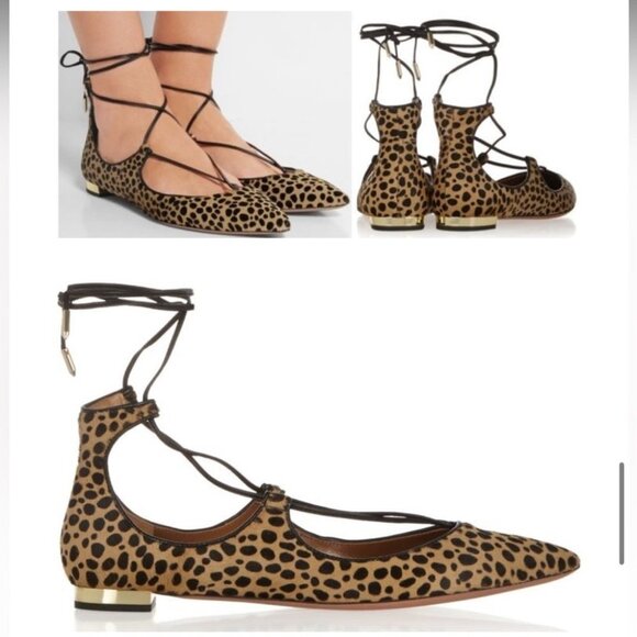 AQUAZZURA Christy Leopard-print Calf Hair Point-toe ankle wrap Flats 37.5 - Picture 16 of 16